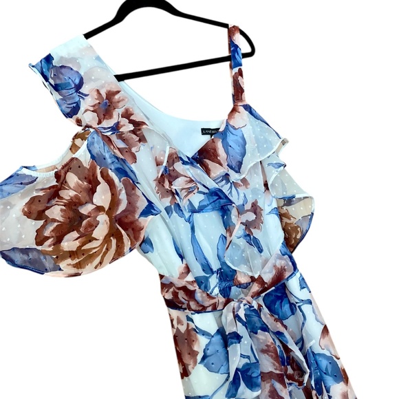 Lane Bryant Plus size 30 Midi Floral Ruffle Layered Tie Back White Blue Dots - Picture 7 of 8